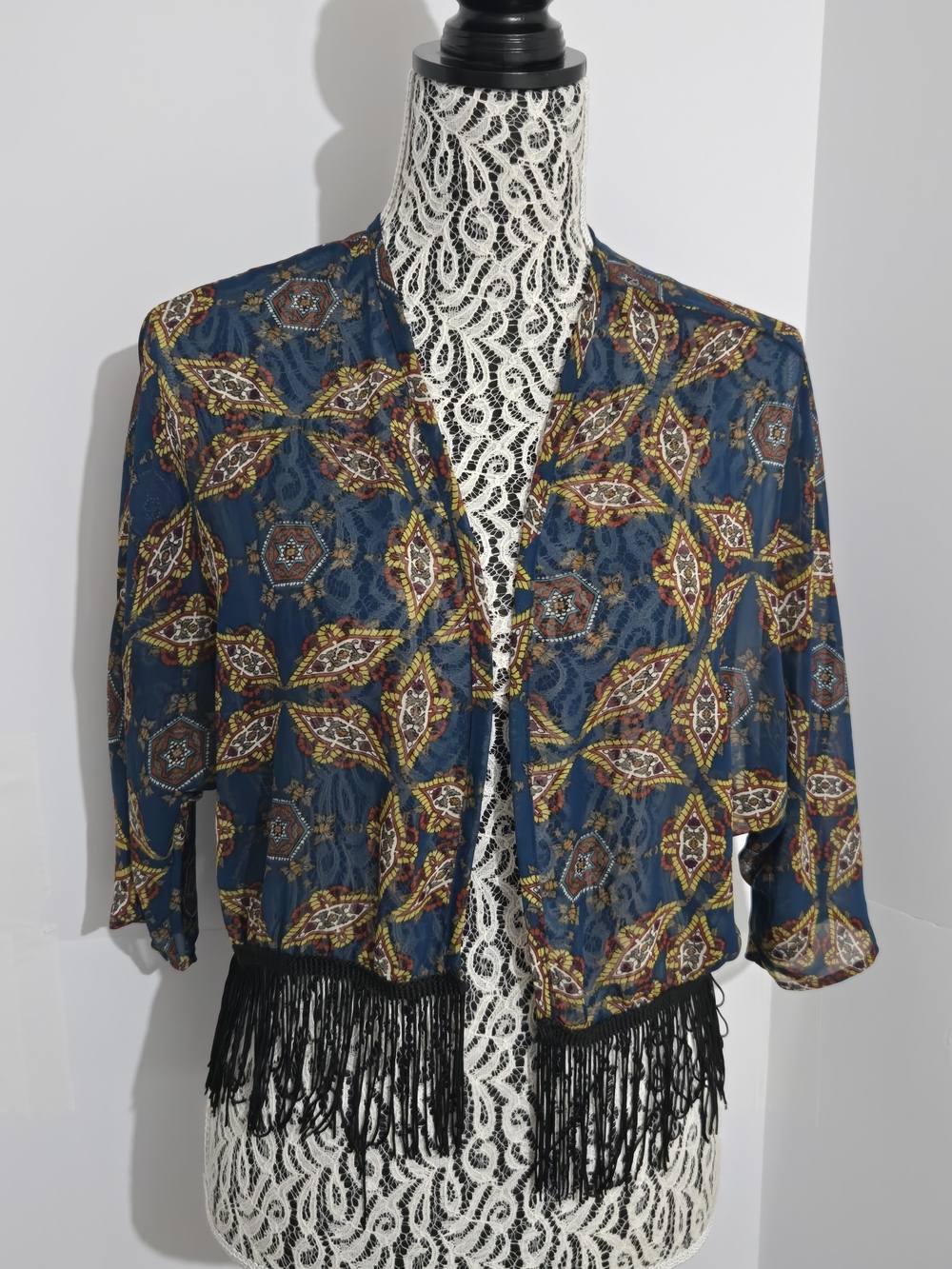 Women's Blue Patterned Fringe Open-Front Top
